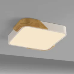 LED Deckenleuchte quadratisch weiß mit Holzdekor zeitloses Design