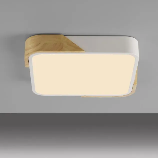 LED Deckenleuchte quadratisch weiß mit Holzdekor zeitloses Design