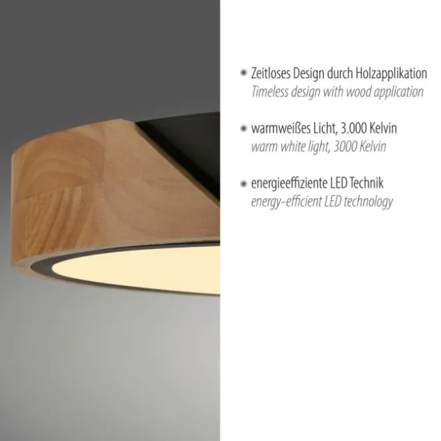 LED Deckenleuchte rund schwarz mit Holzdekor zeitloses Design