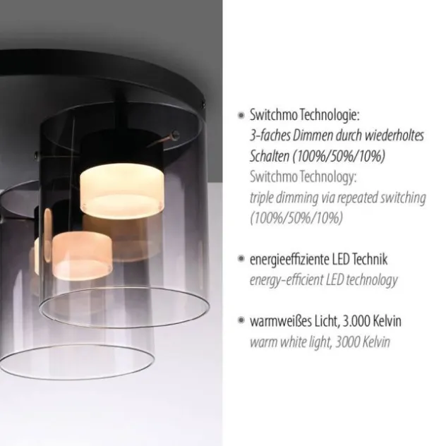 LED Deckenleuchte schwarz dimmbar in 3 Stufen Rauchglas Schlafzimmer