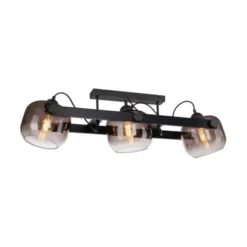 LED Deckenleuchte schwarz 3 flammig Holz Rauchglas Retro Look