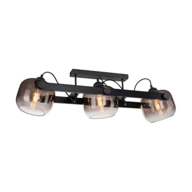 LED Deckenleuchte schwarz 3 flammig Holz Rauchglas Retro Look