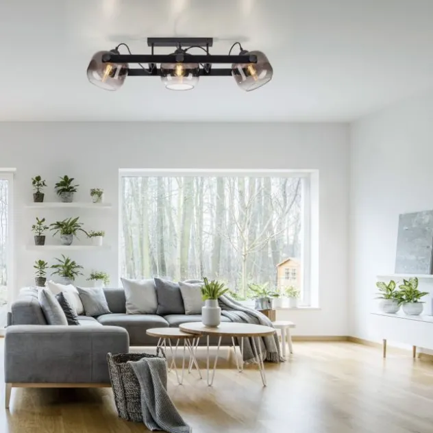 LED Deckenleuchte schwarz 3 flammig Holz Rauchglas Retro Look