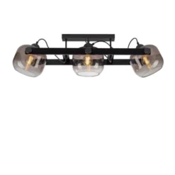 LED Deckenleuchte schwarz 3 flammig Holz Rauchglas Retro Look