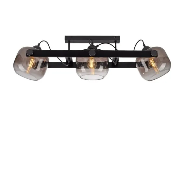LED Deckenleuchte schwarz 3 flammig Holz Rauchglas Retro Look