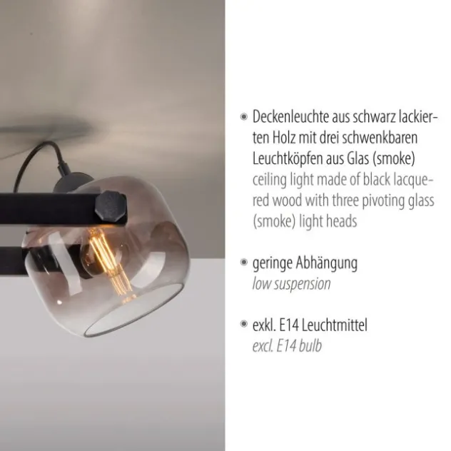 LED Deckenleuchte schwarz 3 flammig Holz Rauchglas Retro Look