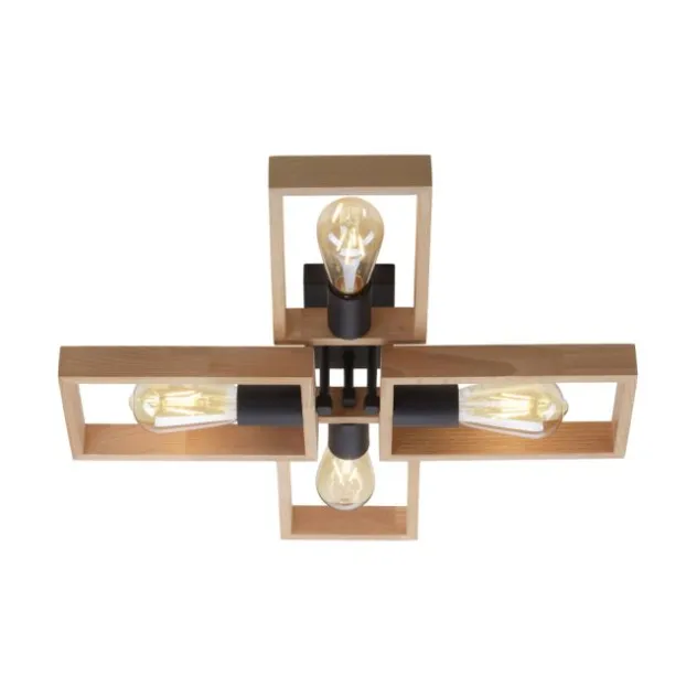 LED Deckenleuchte, schwarz, Holzrahmen, Metall, 4 flammige Deckenlampe
