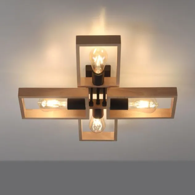 LED Deckenleuchte, schwarz, Holzrahmen, Metall, 4 flammige Deckenlampe