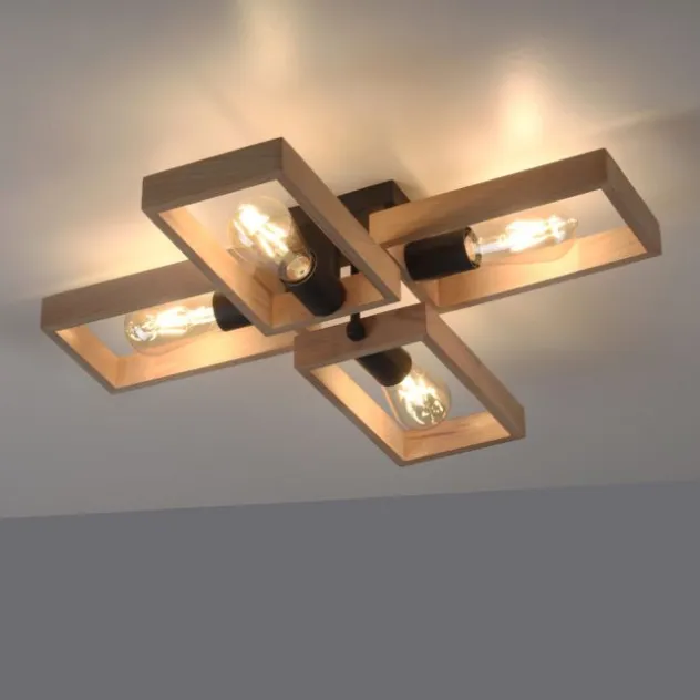 LED Deckenleuchte, schwarz, Holzrahmen, Metall, 4 flammige Deckenlampe