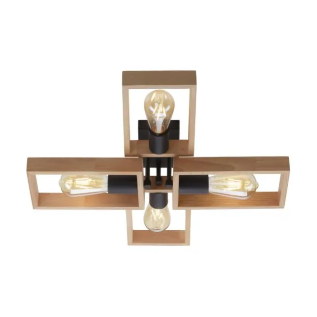 LED Deckenleuchte, schwarz, Holzrahmen, Metall, 4 flammige Deckenlampe