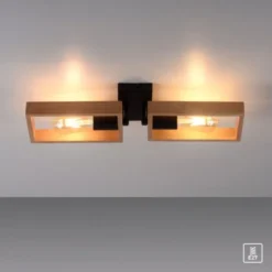 LED Deckenleuchte, schwarz, Holzrahmen, Metall, 2 flammige Deckenlampe