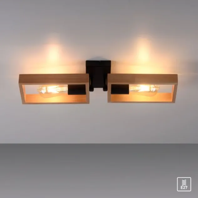 LED Deckenleuchte, schwarz, Holzrahmen, Metall, 2 flammige Deckenlampe
