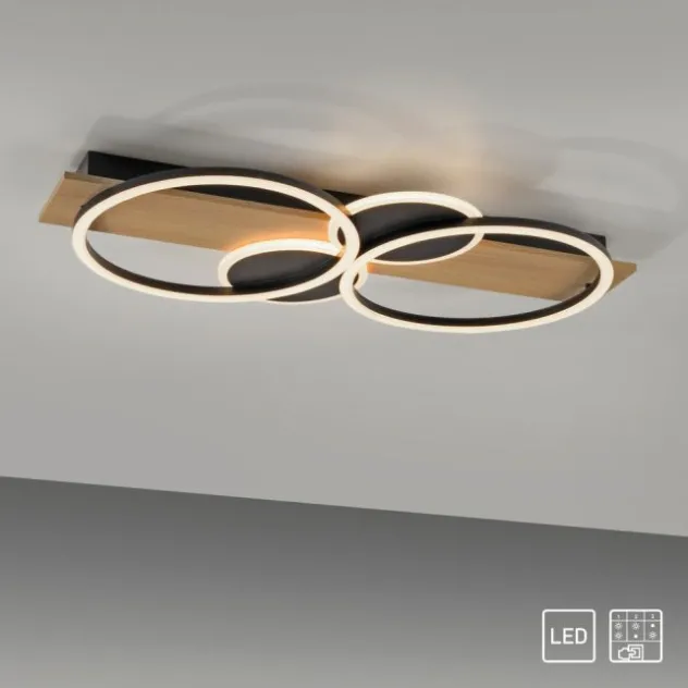 LED Deckenleuchte schwarz mit Holz warmweiß Schlafzimmer Leuchtringe