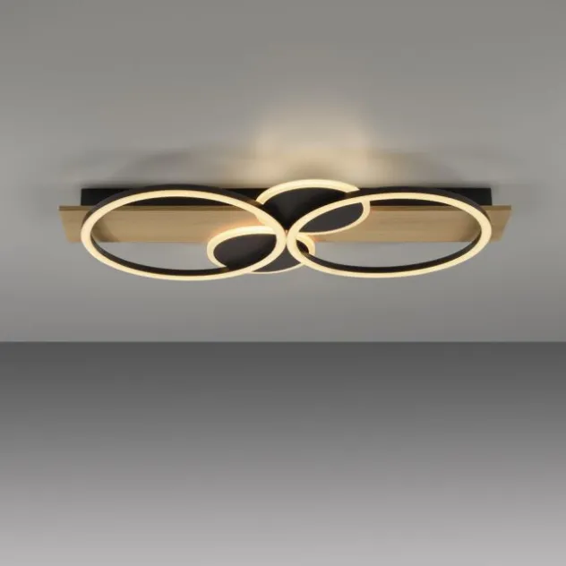 LED Deckenleuchte schwarz mit Holz warmweiß Schlafzimmer Leuchtringe