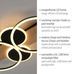 LED Deckenleuchte schwarz mit Holz warmweiß Schlafzimmer Leuchtringe