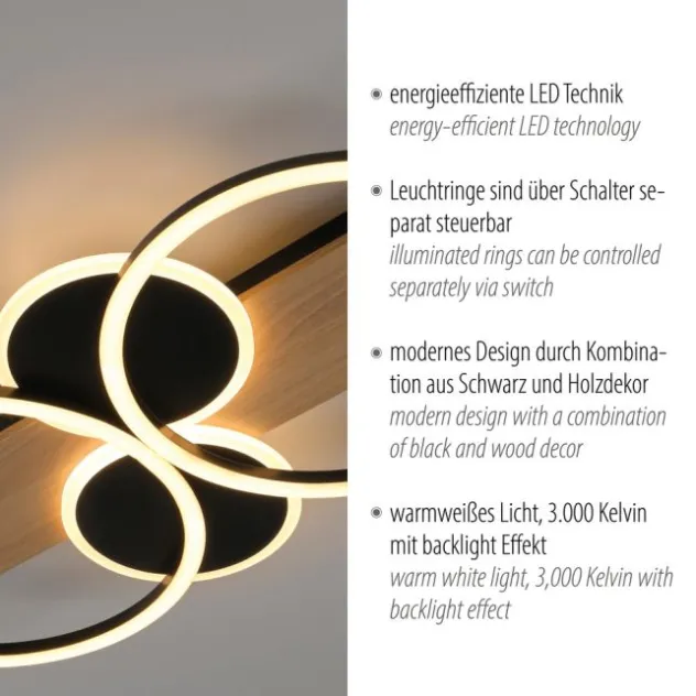 LED Deckenleuchte schwarz mit Holz warmweiß Schlafzimmer Leuchtringe