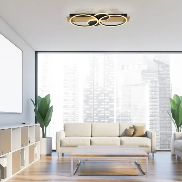 LED Deckenleuchte schwarz mit Holz warmweiß Schlafzimmer Leuchtringe