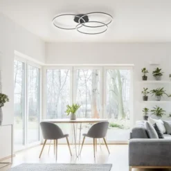 LED Deckenleuchte, schwarz, modern, drei Leuchtringe, dimmbar, schwenkbar