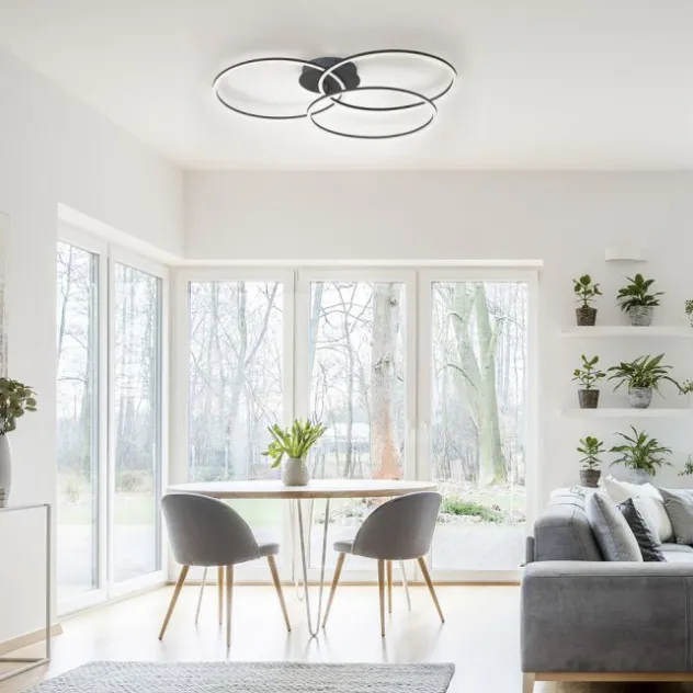 LED Deckenleuchte, schwarz, modern, drei Leuchtringe, dimmbar, schwenkbar