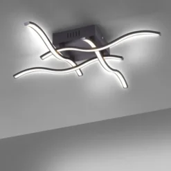 LED-Deckenleuchte, schwarz, quadratisch, 4 Leuchtarme, Wellenform, modern