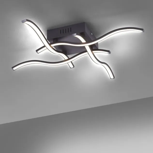 LED-Deckenleuchte, schwarz, quadratisch, 4 Leuchtarme, Wellenform, modern