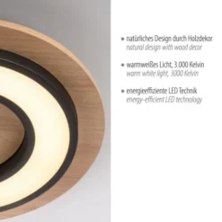 LED Deckenleuchte schwarz rund Metall und Holzdekor 3000K warmweiß