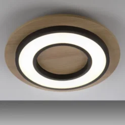 LED Deckenleuchte schwarz rund Metall und Holzdekor 3000K warmweiß