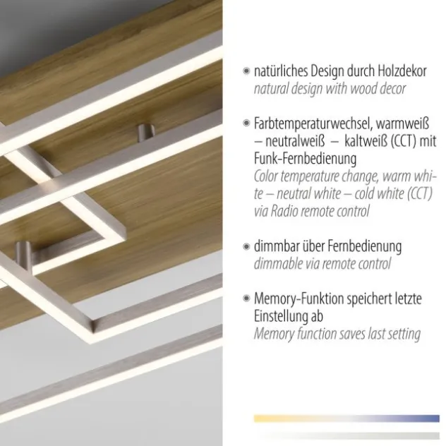 LED-Deckenleuchte, stahlfarben, Holzdekor, 72x40cm, CCT