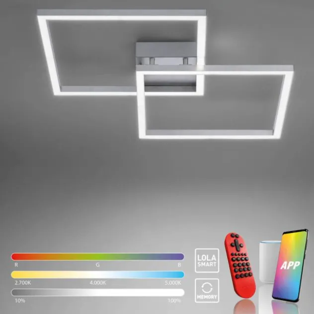 LED Deckenleuchte stahlfarben, quadratisch, Smart Home fähig, dimmbar, Fernbedienung