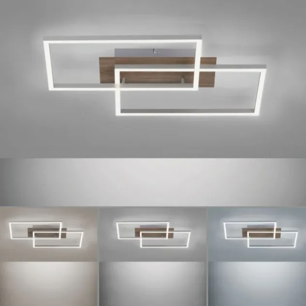 LED-Deckenleuchte, 50,4x42cm, Fernbedienung, dimmbar, Holzdekor,
