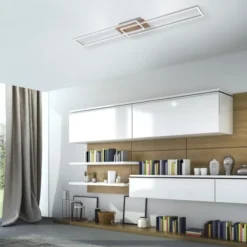 LED-Deckenleuchte, 110x25cm, Fernbedienung, dimmbar, Holzdekor, CCT Farbmanagement,