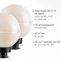 LED Kugelleuchte 2er Set 20x20x51cm weiß mit Kabel und Spieß Außenlampe