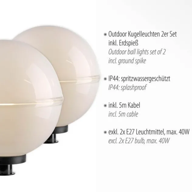 LED Kugelleuchte 2er Set 40x40x71cm weiß mit Kabel und Spieß Außenlampe