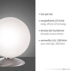 LED-Kugelleuchte, Tischleuchte, warmweißer Lichtfarbe, Touchdimmer, blendfrei