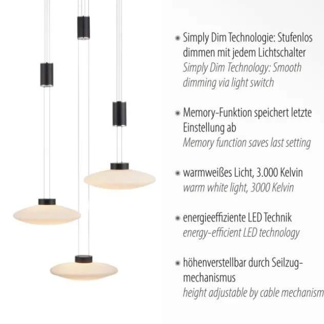 LED Pendellampe 3 flammig rund schwarz dimmbar höhenverstellbar