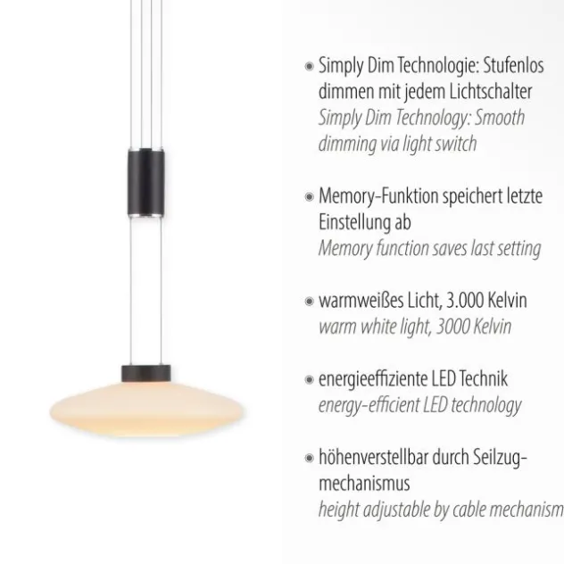 LED Pendellampe 1 flammig rund schwarz dimmbar höhenverstellbar