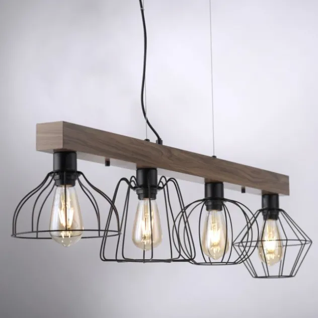 LED Pendellampe höhenverstellbar 4 flammig Holzdekor schwarze Metallschirme