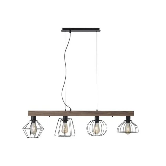 LED Pendellampe höhenverstellbar 4 flammig Holzdekor schwarze Metallschirme