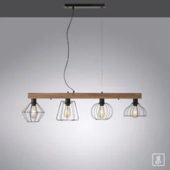 LED Pendellampe höhenverstellbar 4 flammig Holzdekor schwarze Metallschirme