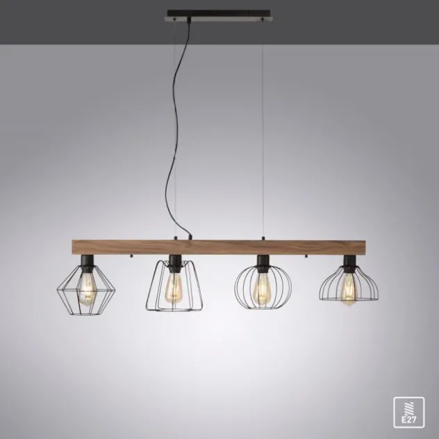 LED Pendellampe höhenverstellbar 4 flammig Holzdekor schwarze Metallschirme