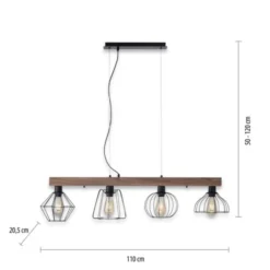 LED Pendellampe höhenverstellbar 4 flammig Holzdekor schwarze Metallschirme