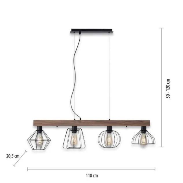 LED Pendellampe höhenverstellbar 4 flammig Holzdekor schwarze Metallschirme