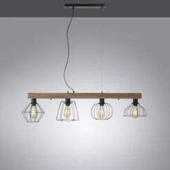LED Pendellampe höhenverstellbar 4 flammig Holzdekor schwarze Metallschirme