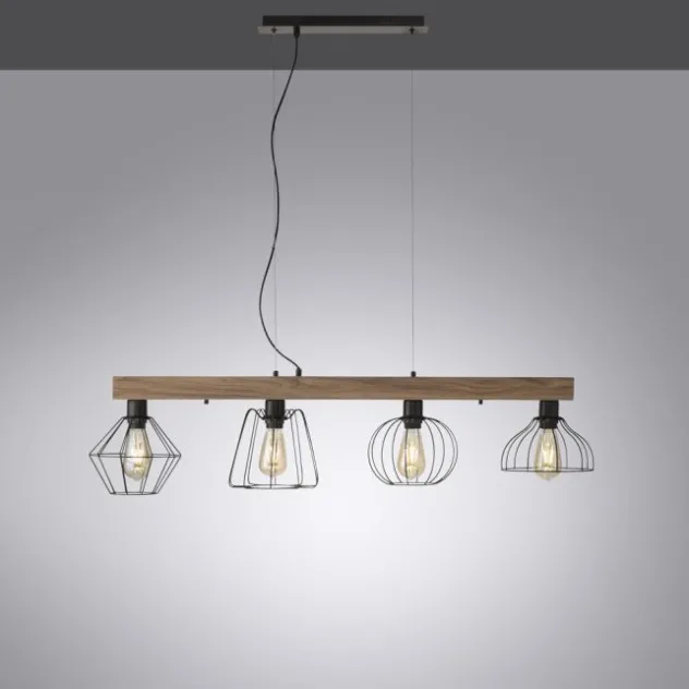 LED Pendellampe höhenverstellbar 4 flammig Holzdekor schwarze Metallschirme