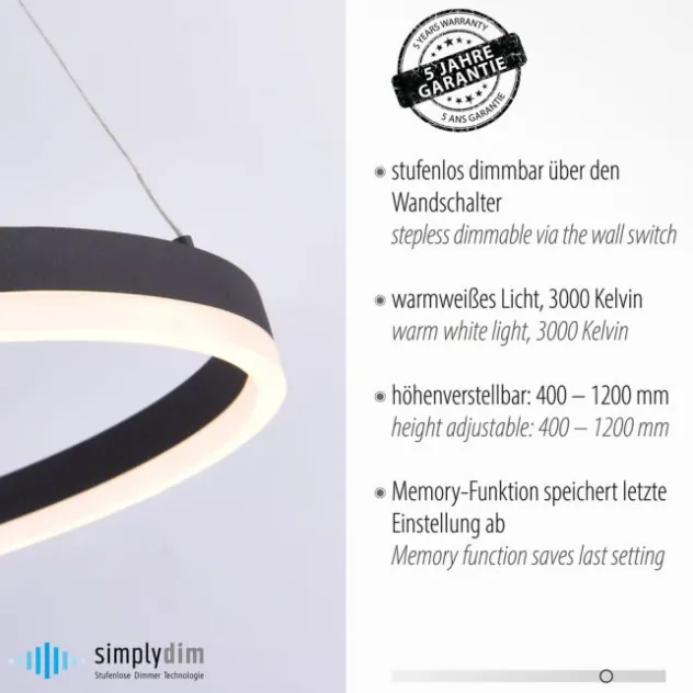 LED Pendelleuchte, anthrazit, runde Form, dimmbar, Memory Funktion, modern