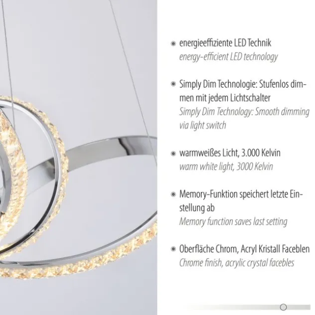 LED Pendelleuchte chrom geschwungen dimmbar Kristallabdeckung modern
