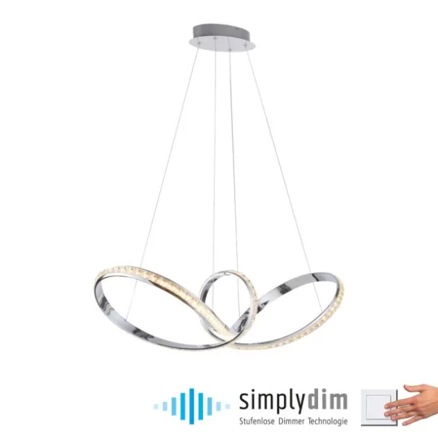 LED Pendelleuchte chrom geschwungen dimmbar Kristallabdeckung modern