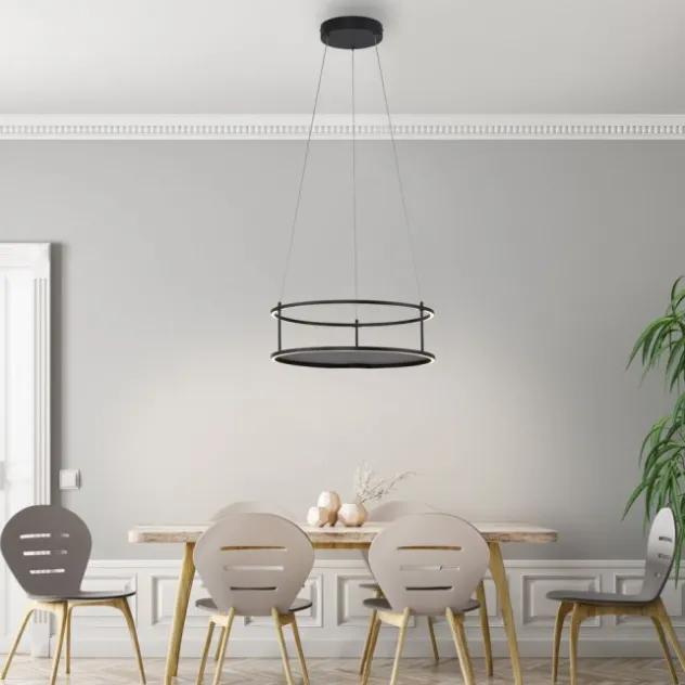 LED Pendelleuchte CONNI schwarz, rund, Touchdimmer, Deko Ablagefläche, höhenverstellbar
