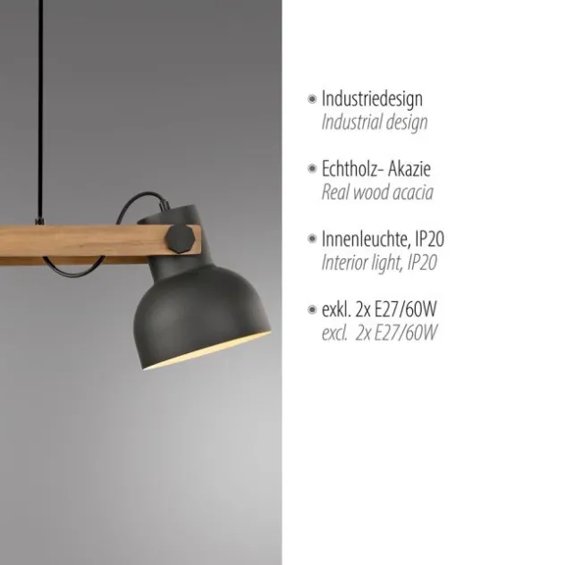 LED Pendelleuchte 2 flammig Akazienholz höhenverstellbar Industrial