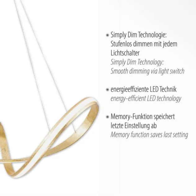 LED Pendelleuchte, gold, elegant, geschwungen, warmweißes Licht, Blattgold